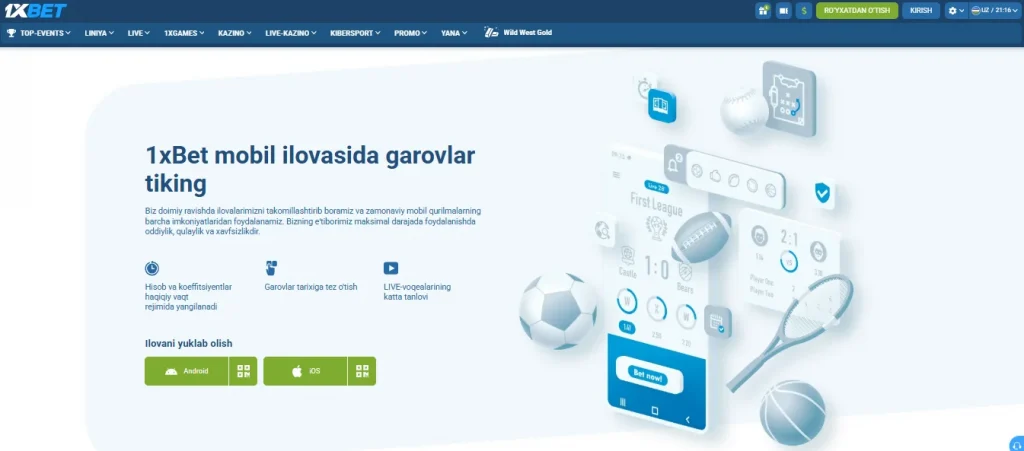 1xBet mobil ilovasini Android va iOS qurilmalariga yuklab olish sahifasi 
